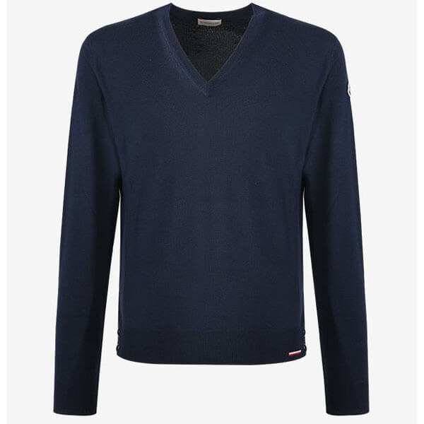 MONCLER 2019 ロゴパッチ ウール Vネックニット ネイビー
