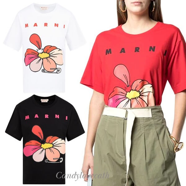 マルニ コットンジャージーTシャツ マルニ&フラワープリント偽物
