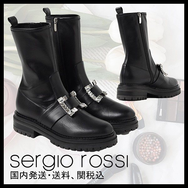 セルジオロッシ スーパーコピー 4.5cmヒール ビジューバックル レザーブーツ