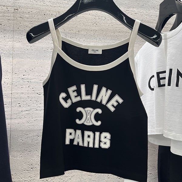 大人気 セリーヌ 偽物 CELINE PARIS トリオンフ プリント入り クロップド コットン タンクトップ
