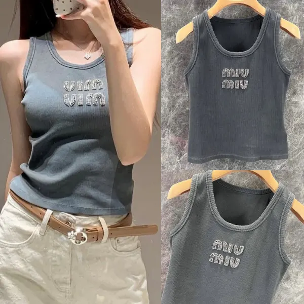 ミュウミュウ タンクトップ 激安 ロゴ刺繍入り グレー MJT700