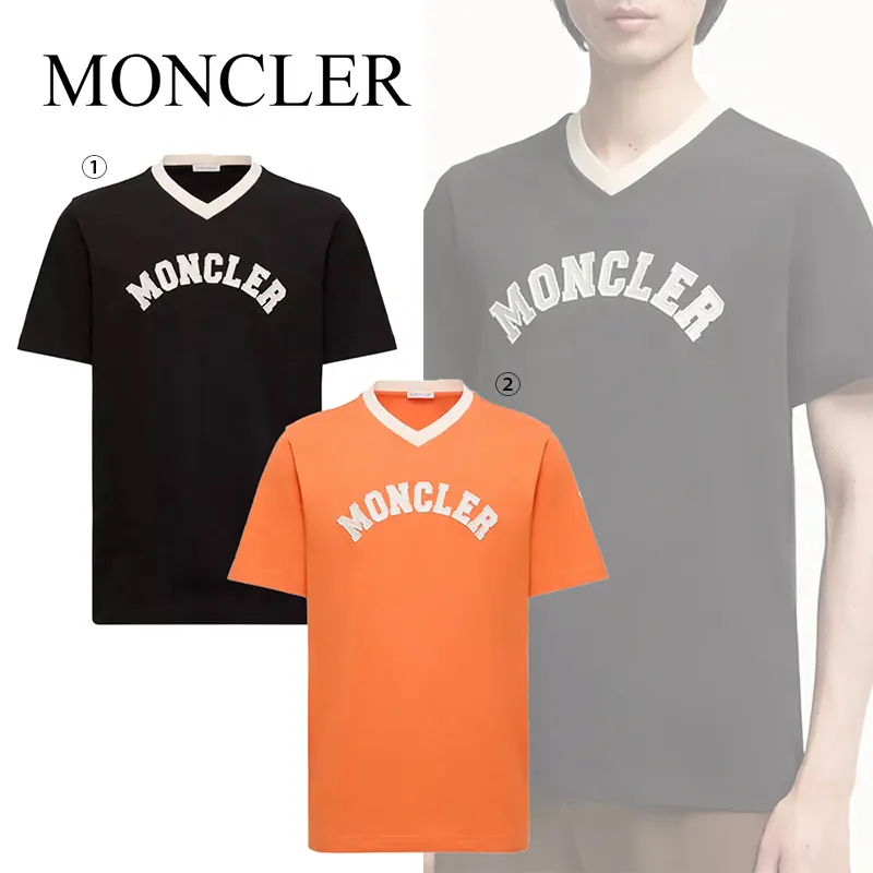 モンクレール ロゴ コットンピケ Vネック Tシャツ レプリカ 2色 mk20250805